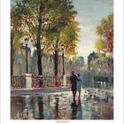 11, 1 2 3 4 5 6 7 8 9 10 11 12 13 14 15 16 17 18 19 20 21 22 23 24 25 26 27 28 29 30.  
Herbstliches Gemälde, Paar spaziert auf nassem Bürgersteig unter Bäumen.