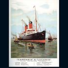 "CUNARD LINE" und "CAMPANIA & LUCANIA" ist oben und unten geschrieben. Zeigt ein passagierschiff auf dem Wasser.