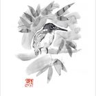 11 und Kalenderdaten. Tuschzeichnung eines Vogels auf einem Ast, umgeben von Blättern; ein rotes Stempelzeichen unten.