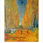 Kalendertext: 11月. Gemälde einer Allee mit gelben Bäumen, blauer Himmel, Menschen auf einem Spaziergang.