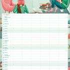 „November“ in rosa Schrift. Illustration: Zwei Frauen lesen auf einem Sofa. Bücher, Tee und ein ruhiger Raum.