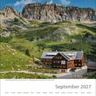 Kalender für September 2027. Berglandschaft mit Hütte im Vordergrund und felsige Bergwand im Hintergrund.