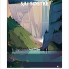 "SJU SØSTRE" und "NORWAY". Eine Illustration von Wasserfällen in einer malerischen Berglandschaft mit einem Schiff im Wasser.