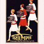 Illustration mit drei Frauen, die Triumph-Schreibmaschinen tragen. Text: "TRIUMPH", "Triumph-Werke Nürnberg A.G."