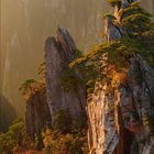 Kalender zeigt November 2023. Steile Berge mit Bäumen in warmem Licht. Fantastische Natur mit Felsen und Kiefern.