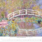 "11 2021" unten links. Gelbes Blumenbeet, darüber eine weiße Brücke über einem Fluss, alles in pastelligen Farben.