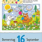 „Kannst du all das, was links oben zu sehen ist, im großen Bild wiederfinden? Donnerstag, 16. September.“ Zwei Figuren in bunter Natur mit Seifenblasen und Bienen.