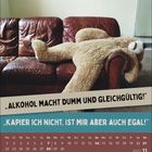 „ALKOHOL MACHT DUMM UND GLEICHGÜLTIG!“ „KAPIER ICH NICHT. IST MIR ABER AUCH EGAL!“ Ein Plüschbär liegt schlaff auf einem Sofa.