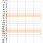 11-2027. Kalenderblatt mit Wochentagen. Graue Katze sitzt auf Herbstlaub, umgeben von warmen Farben.