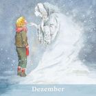 Dezemberkalender mit Wochentagen und Daten. Eine winterliche Illustration eines Kindes und einer weißen, schneebedeckten Figur.