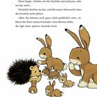 Text: Tiere fragen über Stacheln. Illustration: Ein Igel und fünf Hasen, einer berührt vorsichtig den Igel. 