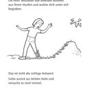 "Oh nein! Millionen von Ameisen strömen." Ein Mensch weicht erschrocken zurück. Ameisen schwärmen aus einem Hügel.