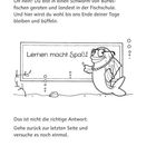 Der Text erklärt, dass du in einer Fischschule landest. "Lernen macht Spaß" ist in einem Rahmen. Ein Fisch mit Brille lächelt.