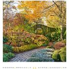 Ein Kopfsteinpflasterweg führt durch einen Herbstgarten mit Bäumen und buntem Laub. Unten Kalenderblatt für November.