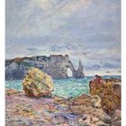 November-Kalenderseite mit Impressionismus-Gemälde. Küstenlandschaft, Meer und Felsen bei bewölktem Himmel.