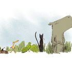 Illustration mit Maulwurf, Ente, Papagei, Katze und Flusspferd, alle nebeneinander im Gras stehend.