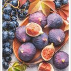 November, Kalendertage darunter. Feigen und Trauben auf einem Holztablett, umgeben von herbstlichen Blättern.