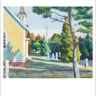 Kalender für November, Gemälde: Gelbes Gebäude, Bäume, sonnig, blaues Himmel.