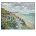 November Kalenderblatt. Impressionistisches Gemälde einer Küstenlandschaft mit Klippen, Pflanzen und Meer bei bewölktem Himmel.