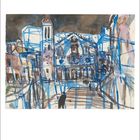 November 2023 Kalenderblatt mit Aquarell einer Stadtansicht, dominiert von Blau- und Braun­tönen.