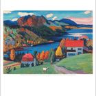 November. Bunte Landschaft mit Bergen, See, buntem Herbstlaub und Häusern. Unten Kalender für November.