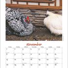 Kalenderblatt für November, dekoriert mit einem Bild von zwei Hühnern vor einem rustikalen Haus.
