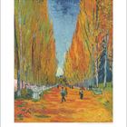 "Vincent van Gogh, Les Alyscamps, 1888. Herbstliche Allee mit Menschen. Oben kahle Bäume, blauer Himmel."