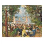 Illustration: "Max Liebermann (1847-1935) - Gartenlokal an der Havel, 1916". Menschen in einem Gartenlokal am Wasser, Segelboote.
