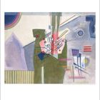 11 und eine Kalenderübersicht unten. Abstrakte, geometrische Formen in Blau, Grün, Rosa und Rot.