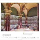 Kalenderseite mit November. Zitat: "Keine Unterhaltung ist so preiswert wie Lesen, keine Freude von so langer Dauer." Beeindruckende Bibliothek.