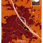 "Vienna, Austria" in der Mitte. Eine stilisierte Stadtkarte in Rot- und Orangetönen. Datumsangaben unten.