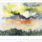 „Im Licht des Sonnenaufgangs“. Kalenderblatt mit Nummern und abstrakter Landschaft in Gelb-, Orange- und Grüntönen.