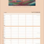 Texte: "NOVEMBER", Wochentage abgekürzt, Feiertage: Allerheiligen, Martinstag etc. Illustration: Bunte Rehe in Landschaft.