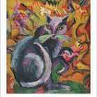 Unten links: "11". Eine expressionistische Illustration zeigt eine Katze vor einem bunten, abstrakten Hintergrund.