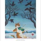 Eine Katze spielt Geige auf einem Tisch. Im Hintergrund fliegen Krähen über kargen Bäumen. Ein Weinglas steht daneben.