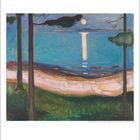 Edvard Munch: Mondlicht, Nordische Landschaft, 1895–1896. Blick auf Meer mit reflektierendem Mond, umgeben von Bäumen.