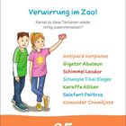 "Verwirrung im Zoo! Kannst du diese Tiernamen wieder richtig zusammensetzen?" Kinder, bunt gekleidet, Selfie machend.