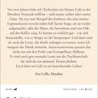 Text über ein Café in Dresden, Details zu besonderen Gästen. Datum: Mittwoch, 14. April. Widder-Symbol, Logo von DIE ZEIT.