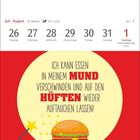 Text über zwei Blöcke: 

1. Kalender (26. Juli bis 1. August). 
2. Illustration: "Ich kann Essen in meinem Mund verschwinden und auf den Hüften wieder auftauchen lassen!" mit Burger und Zauberstab.
