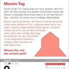 Mumin-Tag: 113. Geburtstag von Tove Jansson. Rätsel mit Hut aus Vierecken. Datum: 9. August. Montag. Kalender und Uhrzeiten.