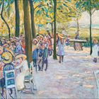 Kalender zeigt Juli und August. "Theo von Brockhusen, Schulausflug", 1908 Gemälde. Kinder bei Tisch im Wald, lebhafte Farben.