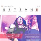 „Missy Elliott. Wenn ich es als Rapperin... keine Weise eingeschränkt.“ Juli-Kalender, 5. bis 11. Woche. Frau in lila Tönen.