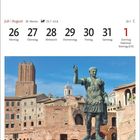 Kalender: Juli/August, 30. Woche. 26.-31., 1. August rot markiert: Nationalfeiertag (CH). Trajan-Statue vor antiken Ruinen.
