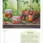 August - 2 Mo, 3 Di, 4 Mi, 5 Do, 6 Fr, 7 Sa, 8 So. Tomaten: Urspr. Mittel-/Südamerika. Nährstoffe, Tipp: Zucker/Honig mildert Säure. 

Korb mit Tomaten, Glas mit eingelegten Tomaten, grüne Umgebung.