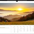 Text: "Ein dichtes Nebelmeer über dem Dreisamtal." November-Kalenderblatt mit Sonnenaufgang über nebelverhangenen Hügeln.