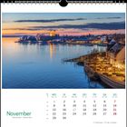 Kalender: November, Montag bis Sonntag tabellarisch mit Daten. Abendliche Seelandschaft mit beleuchteter Promenade.