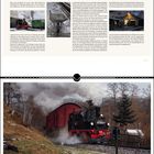 Titel: "Schwere Last für eine kleine Lok". 
Eine Dampflokomotive zieht Lastwaggons durch eine winterliche Landschaft.