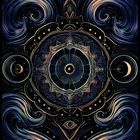 Illustration mit kosmischen Mustern. Zentrale Mandalaform, umgeben von Mondphasen, Augen und wellenartigen Mustern.