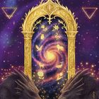 Illustration: Goldene Symbole und Tiere umgeben von einem goldenen Portal inmitten eines Sternenhimmels und zweier Drachen.