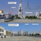 Texte: Bibliothek Saparmyrat Türkmenbaşy, Neutralitätsbogen, Platz des Präsidentenpalastes, Ministerkabinett. Belebte Plätze.